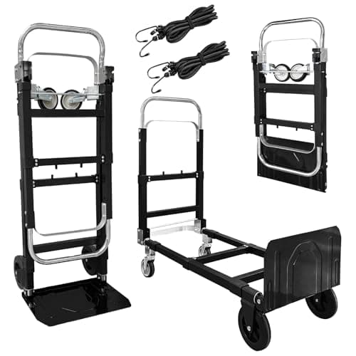 3 in 1 Folding Hand Truck, 600Lbs Capacity, Heavy Duty Collapsible Cart with Retractable Handle and 4 Rubber Wheels, Moving Dolly for Moving Home, Office, Food Service, Shopping Mall, Warehouse
