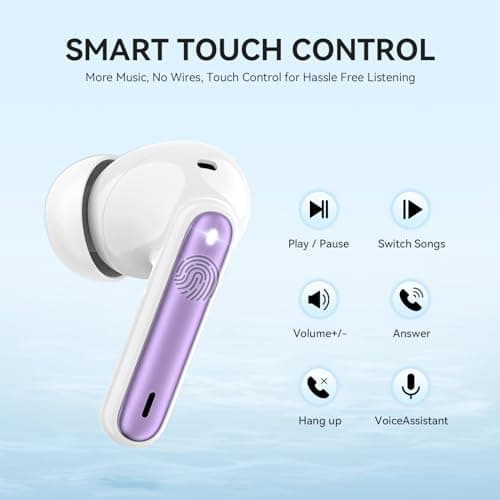 MoBadeety Wireless Earbuds, Bluetooth 5.3 Headphones 40Hrs Playtime Deep Bass Stereo, LED Power Display, Call Noise Canceling Headphones with Mic, IP7 Waterproof Earphones for iOS Android Purple 5