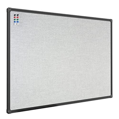 JILoffice Cork Linen Bulletin Board 36 X 24 Inch (Grey), Black Aluminum Frame Wall Mounted Board Memo Pin Board for Office Home and School