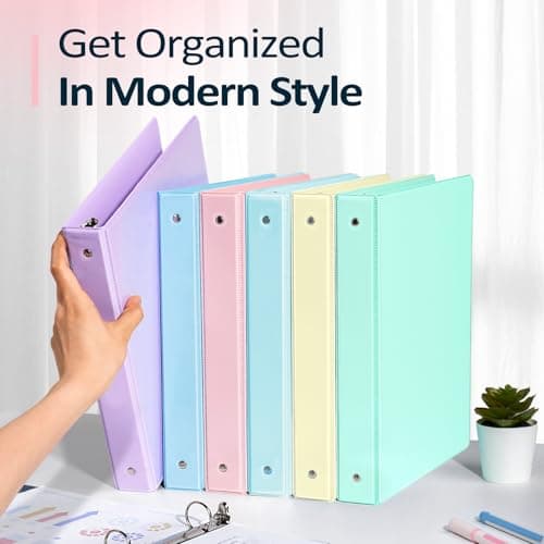 6 Pack Extra Durable 3 Ring Binders 1 inch, Sooez 1” Three Round Ring Binders with Pockets, Cute Customizable Clear View Cover for 8.5 x 11 Letter Size Papers, Pastels School Office Supplies for Girl 7