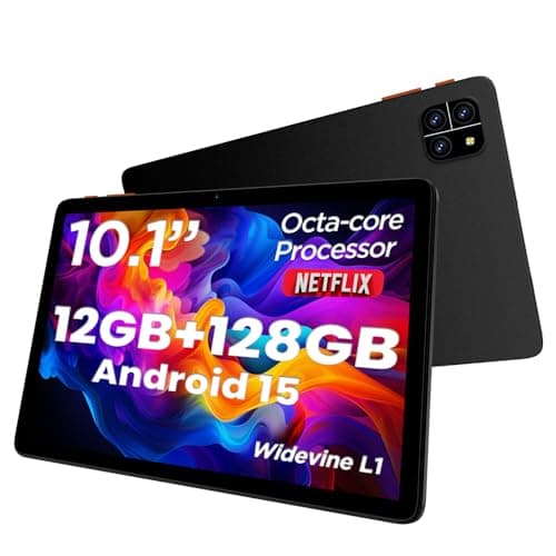 Tablet: 10 Inch Tablet, Android 15 Tablets, 12GB RAM 128GB ROM, Octa-core Processor, IPS HD Display, Widevine L1, WiFi 6 & Bluetooth 5.4, Dual Cameras, Dual Speakers, 6000mAh Battery - Black