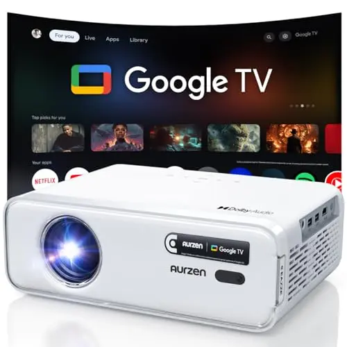 Aurzen EAZZE D1G 4K Supported Google TV Smart Projector with WiFi & Bluetooth, Auto Focus & Keystone, Dolby Audio, Zoom, Movie, Portable Mini Projector for Home & Outdoor Use