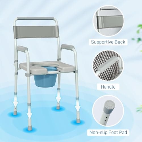 HOMCOM 4 in 1 Bedside Commode Shower Chair Portable Toilet Raised Toilet Seat with Handle for Seniors, Adults, Handicap, Adjustable Height, Gray 6
