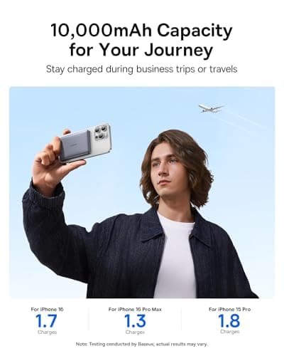 Baseus Picogo Magsafe Portable Charger, Qi2 15W 0.5" Ultra Slim 10000mAh Wireless Power Bank, 27W Fast Charging Magnetic Battery Pack with USB-C for iPhone 17 Pro Max/17 Pro/Air/16/15/14/13/12 6