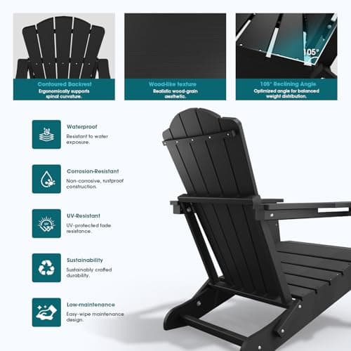 THOEOE Folding Adirondack Chair,HDPE All-Weather Outdoor Chair with Cup Holder,Wooden Textured,Fire Pit Chair,Plastic Patio Chair for Deck,Backyard,Garden,Lawn(Black) 6