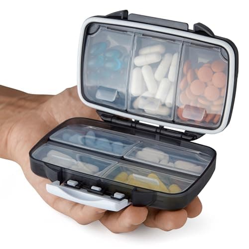 Travel Pill Organizer - Moisture Proof Portable Vitamin Holder with 7 Compartments, Compact Supplement Case for Purse Essential Medicine Kit fot Traveling Pocket Pharmacy with Labels, Black