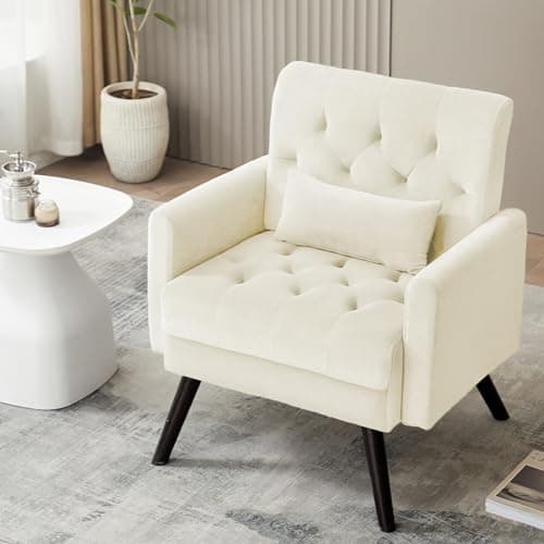 BMWEI Velvet Accent Chair, Modern Button Tufted Armchair, Velvet Sofa Chair with Wood Legs for Living Room Bedroom Reading Club Office Chair Comfy Chair(Beige)