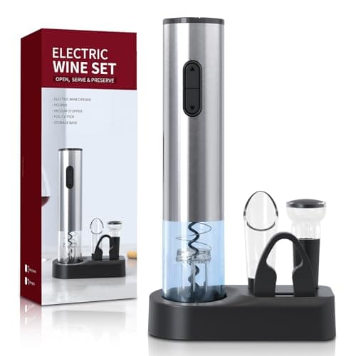 Liuzouwin5-in-1 ElectricWine Bottle Opener Set Battery Operated Reusable Corkscrew with Storage Base, Foil Cutter, Wine Pour& Wine Stopper (Silver)