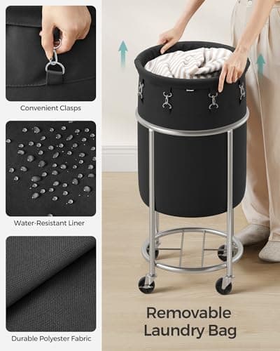 SONGMICS 18.5-Gallon (70 L) Laundry Basket with Wheels, Rolling Round Heavy-Duty Laundry Hamper Cart with Steel Frame and Removable Bag, 2 Locking Wheels, Ink Black and Metallic Silver URLS006B01 5