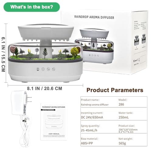 Holwim Essential Oil Flame Diffuser 250ml Cloud Rain Humidifier Water Drip Aromatherapy Diffuser Air Humidifier with 7 Colors Light, Micro Landscape, White Noise, Auto-Off for Home Office (White) 8