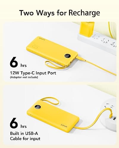 VRURC Portable Charger with Built-in Cables, 10000mAh LED Display USB C Power Bank, Slim Travel Battery Pack with 5 Output 2 Input Compatible with iPhone 17 16 15 13,Samsung,Android etc-Yellow(1 Pack) 6