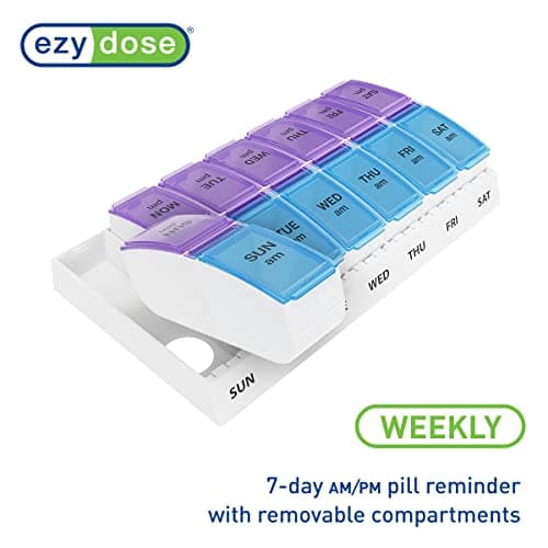 Ezy Dose Weekly (7-Day) AM/PM Pill Organizer, Vitamin and Medicine Box, Small Pop-out Compartments, 2 Times a Day, Blue and Purple Lids 5