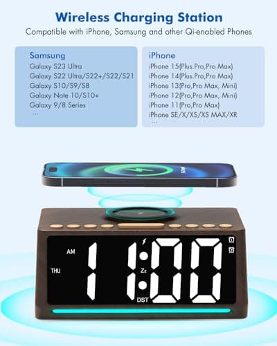 Retro Digital Alarm Clocks for Bedrooms with Large Numbers, Desk Clock with Wireless Charging Station, 7 Mood Lights, Dimmer, Snooze, 12/24H, Loud Alarm Clock for Heavy Sleepers Adults, Vintage Décor 6