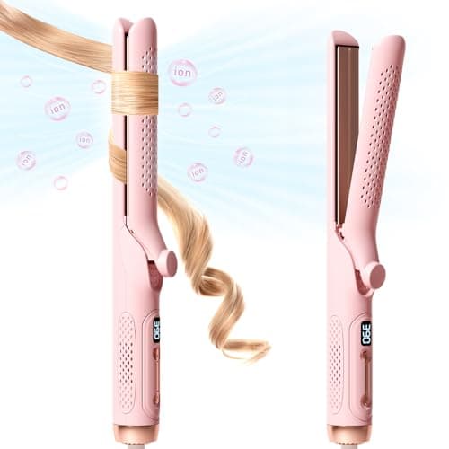 Hahahope Hair Straightener Curler 2-in-1: 1.25" Flat Iron for Women - Curling Wand 360° Airflow Cooling Vents Titanium Ionic for Less Frizz - 5 Temps & Auto Off Dual Voltage (Pink)