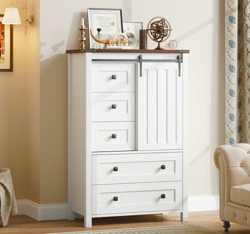 GarveeHome Farmhouse 5 Drawer Dresser for Bedroom, 48 in Tall Wood Dresser Chest of Drawer with Sliding Barn Door, Adjustable Shelf, Storage Organizer for Bedroom, Hallway, Living Room, Kitchen, White