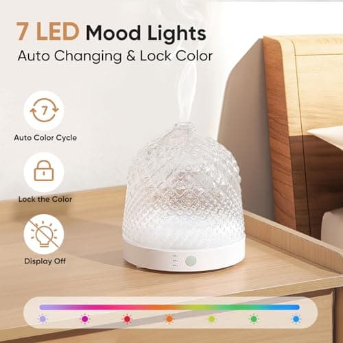 Lecdura Glass Essential Oil Diffuser, 200ml Ultrasonic Aroma Diffusers with Glass Reservoir Dome & White Plastic Base Lock Color Auto-Off Timer 7 Color Light for Home Office Bedroom Yoga 5