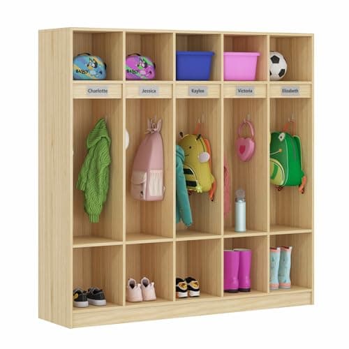 Kikihouse 5-Section Classroom Coat Locker with 10 Cubbies, Daycare Cubbies with 10 Hooks, Kindergarten Lockers for Home, School, Nursery