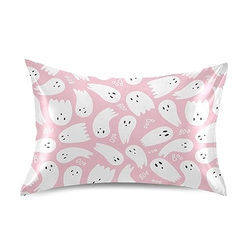 Dalzium Satin Pillowcase for Hair and Skin, Ghost and Boo Pink Halloween Silk Pillow Case Soft and Cozy Body Pillow Covers Standard Size with Envelope Closure