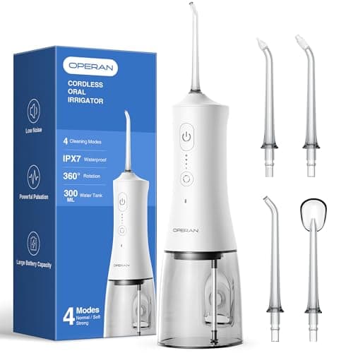 Operan Water Flosser for Teeth Cleaning Upgraded 300ml Cordless Water Dental Flossers Rechargeable Oral Irrigator with 4 Modes 4 Jet Tips IPX7 Waterproof Water Floss for Home Travel (White)+1Pack 8