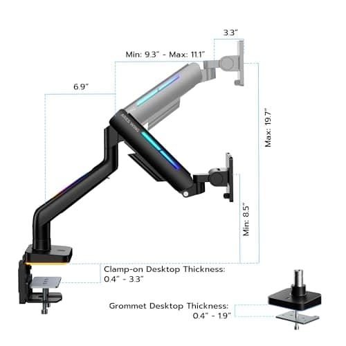 Ultrawide Monitor arm for 17-49'' Heavy Duty Screen up to 44lbs, Gas Spring Single Monitor Arm with RGB Light, Adjustable Gaming Computer Monitor Arm for Desk, Black 8