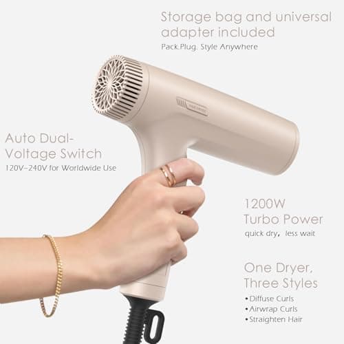 TOME Dual Voltage Travel Hair Dryer, Foldable Blow Dryer, DC Motor, 1200W Fast Drying, Cool Shot, 3 Heat 3 Speed, Nozzle, Diffuser, Air-Powered Wrap Wands, 120–240V Universal Adapter Pink 6
