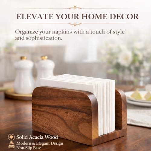 Acacia Wood Napkin Holder – Rustic Wooden Napkin Organizer for Kitchen, Dining Table, Picnic, Coffee Bar – Farmhouse Tabletop Dispenser for Square Paper Napkins 7