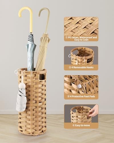 WAOHANAZ Rattan Umbrella Stand, Umbrella Holder for Entryway, Hand Woven Umbrella Rack Organizer Freestanding, with a Detachable Drip Tray, 4 Hooks, 7.5" L x 7.5" W x 16.5" H 6