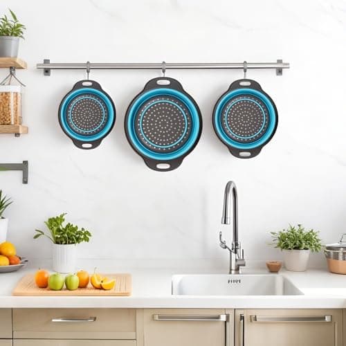 Cluren Collapsible Colander 3-Pack Set Space-Saving Foldable Kitchen Strainer with Non-Slip Base Durable Thickened PP+TPE Collapsible Strainers for Pasta, Vegetables, Fruits (Gray-Blue) 7