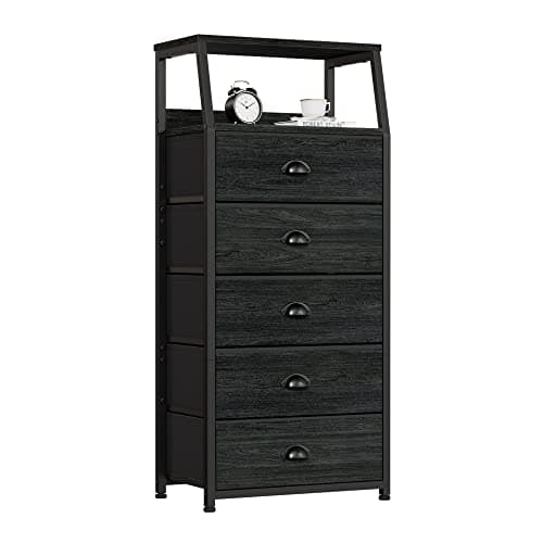 Furnulem Black Dresser with 5 Drawers, Vertical Storage Tower Fabric Dresser for Bedroom, Hallway, Entryway, Nursery, Closet Organizer, Nightstand Bedside Table Furniture, Sturdy Steel Frame, Wood Top