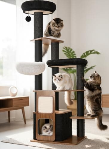 Purrlato 63" Modern Cat Tree Tower for Indoor Cats, Heavy Duty Cat Trees for Large Cat, Adult Maine Coon Cat Tree Tower with Scratching Post, Extra Large Top Perch, Cat Condos, Jet Black