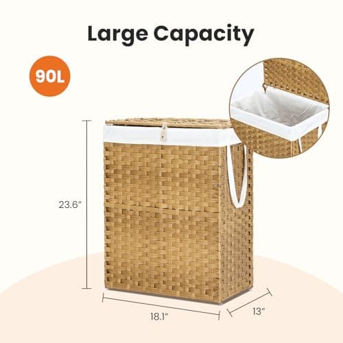 DUMOS Woven Laundry Basket with Lid, 90L Large Capacity Hamper, Removable & Machine-Washable Liner, Foldable Rattan Clothes Hamper, Sturdy Steel Frame, Odor Control, Goose Yellow 5