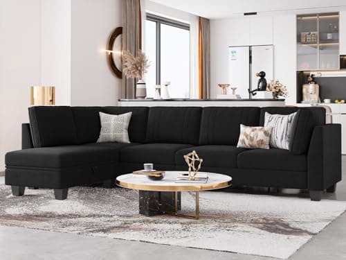 Belffin 4 Seater Sectional Sofa with Reversible Chaise, Velvet L Shaped Sofa Sectional Couch with Convertible Storage Ottoman Black