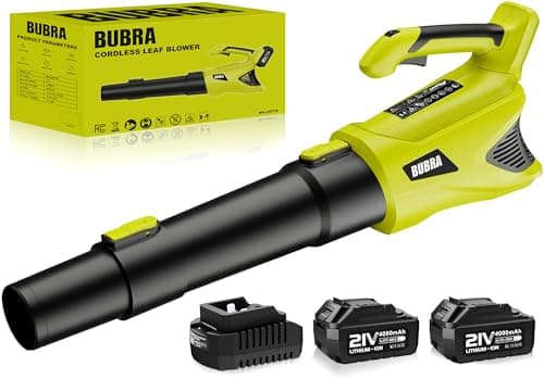 BUBRA Cordless Leaf Blower 21V Lightweight Powerful Electric Leaf Blower with 2 x 4.0Ah Batteries and Fast Charger, Variable-Speed, Battery Powered Blowers for Lawn Care, Yard Clearance(Green)
