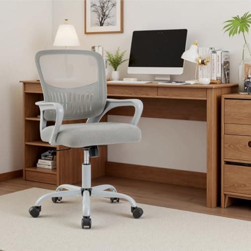 DUMOS Home Office Computer Chair - Ergonomic Mid Back Desk with Lumbar Support and Rocking Mode, Height Adjustable with Fixed Armrest, for Conference Meeting Room, 360° Swivel, Adults, Grey 9