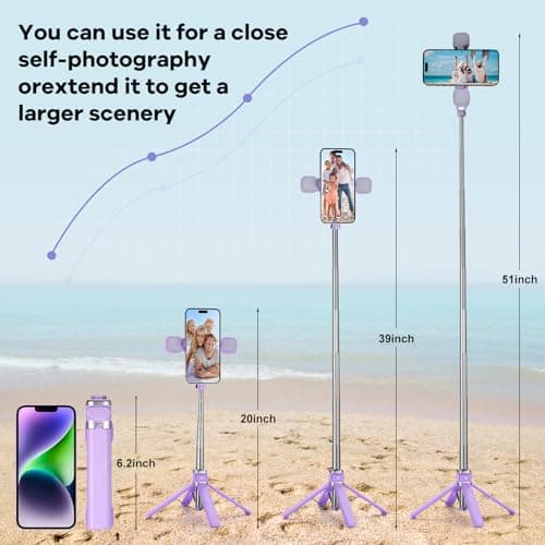 MQOUNY Mini iPhone Tripod Stand & Selfie Stick with Wireless Remote & Removable Light, Extendable Stand 360 Rotation Compatible with iPhone & Android Samsung (Purple) 5