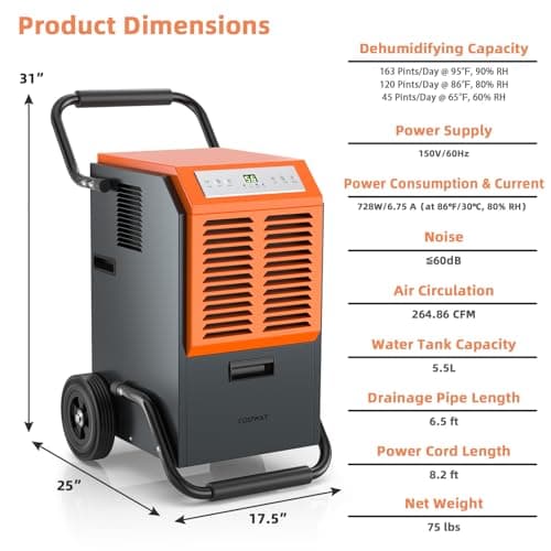 COSTWAY 163 Pints Commercial Dehumidifier, 4500 Sq.Ft Crawl Space Dehumidifier with Drain Hose, 24H Timer, for Basement, Warehouse, Job Site (Orange) 7