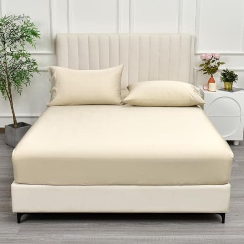 PHF 100% Rayon Derived from Bamboo Fitted Sheet Twin Size, 16" Deep Pocket,2.5cm Wider Strong Elastic Easy Fit, Breathable Silky Soft Skin-Friendly for Hot Sleeper,39"x 75", Natural,No Pillowcase