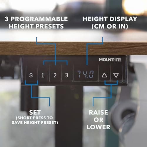 Mount-It! L Shaped Standing Desk 63" - Large Electric Corner Standing Desk, Height Adjustable Dual Motor Raises from 28.3" to 46.5", 3 Memory Settings, Black Steel Frame, Rustic Wood Tabletop 7