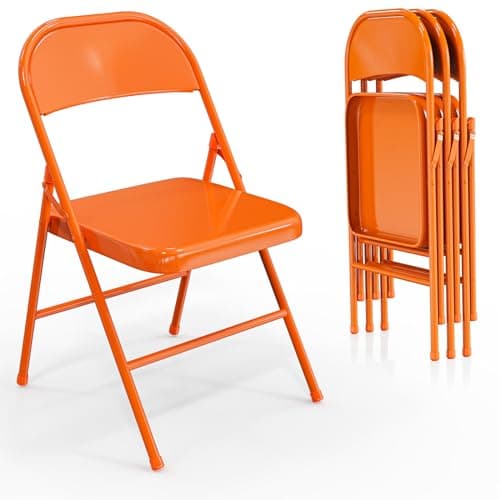 VINGLI Folding Chairs All Steel Metal Frame, Capacity 350 lbs, Durable Portable and Versatile for Indoor Outdoor Use, Orange, Set of 4