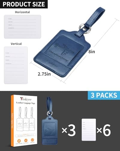 3 Pack Luggage Tags - Quick Install, Privacy Protection, Airplane Travel Essentials for Suitcases, Durable Leather - Blue 6