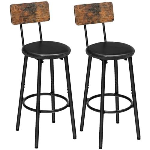 HOOBRO Bar Stools, Bar Stools Set of 2 with PU Upholstered, Bar Chairs with Footrest and Back, 26" Bar Stools for Kitchen Island, Dining Room, Easy to Assemble, Rustic Brown and Black BF31BY01G2