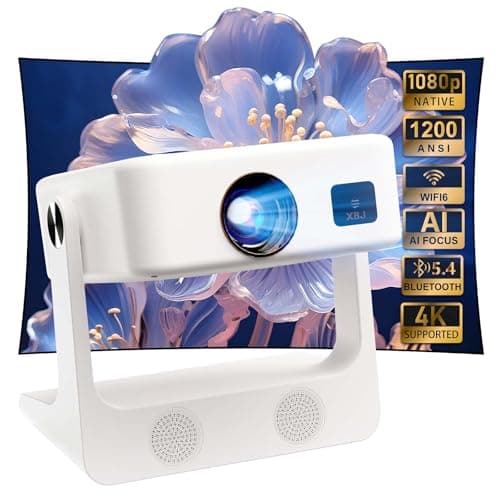 XBJ [Built-in Apps/Native 1080P] D1 Portable Projector with WiFi and Bluetooth, Support 4K Outdoor Smart Movie Projector with 180° Stand, Electronic Focus, Compatible with TV Stick/Smartphone (White)