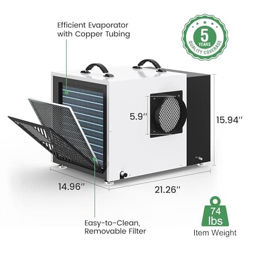 Waykar 158 Pint Commercial Dehumidifier with Pump and Drain Hose for Crawl Spaces, Basements, Ducted Industrial Use, and Water Damage Unit, for Spaces up to 7500 Square Feet, Smart Humidity Control 8