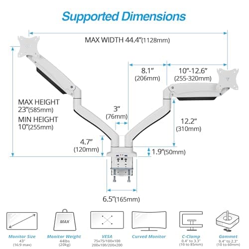 AVLT Dual Monitor Arm Desk Mount for 13"–43" Flat/Curved Screens with USB-A Pass-Through, Full Motion Height Adjustable Swivel Tilt Rotation VESA/C-Clamp/Grommet/Cable Management, White 6