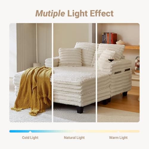 Amsleekey 64" Chaise Lounge Chair Indoor, Oversized Sleeper Chair with Wood Frame, Upholstered Sofa Bed for Living Room, Movie Room, Bedroom with 4 Storage Pockets&2 Cup Holders(Plush Corduroy, Beige) 8