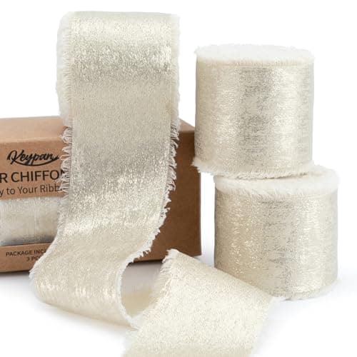 Keypan Champagne Gold Ribbon, Shimmery Chiffon Silk Ribbons Frayed Edge for Bridal Flower Bouquet Gift Wrapping Wedding Invitations Decor DIY Crafts 1.5" x 15 Yard 3 Rolls