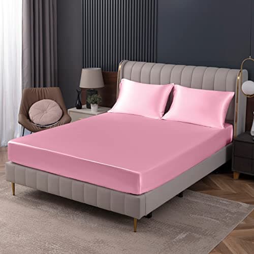 Homiest Pink Satin Fitted Sheet Twin Size, Deep Pocket, Luxury & Ultra Soft Bedding
