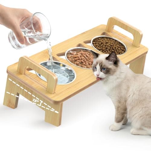 Bamboo Elevated Cat Bowls, 3 Stainless Steel Raised Cat Bowl with Stand, 15°Tilted Cat Feeding Station, Cat Food and Water Bowl Set for Small Cats and Puppy, Anti Vomitting, Whisker Fatigue (Natural)