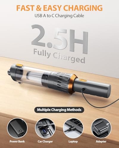 YTE PRO Handheld Vacuum Cordless 15000PA Car Vacuum 3-in-1 Hand Held Vacuums 1.1 Pounds Hand Vac Cordless Rechargeable One-Touch Empty for Cleaning Cars Offices Homes Pet Hair and Dust (Orange) 6