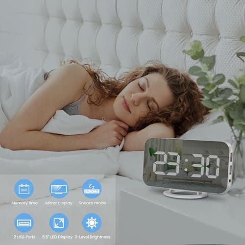 Muoigoe Digital Alarm Clock,Large Display LED And Mirror Desk Clock With Dual USB Charger Ports, 3 Levels Brightness,12/24H Alarm Clocks, Modern Electronic Clock for Bedroom Living Room Office - White 7